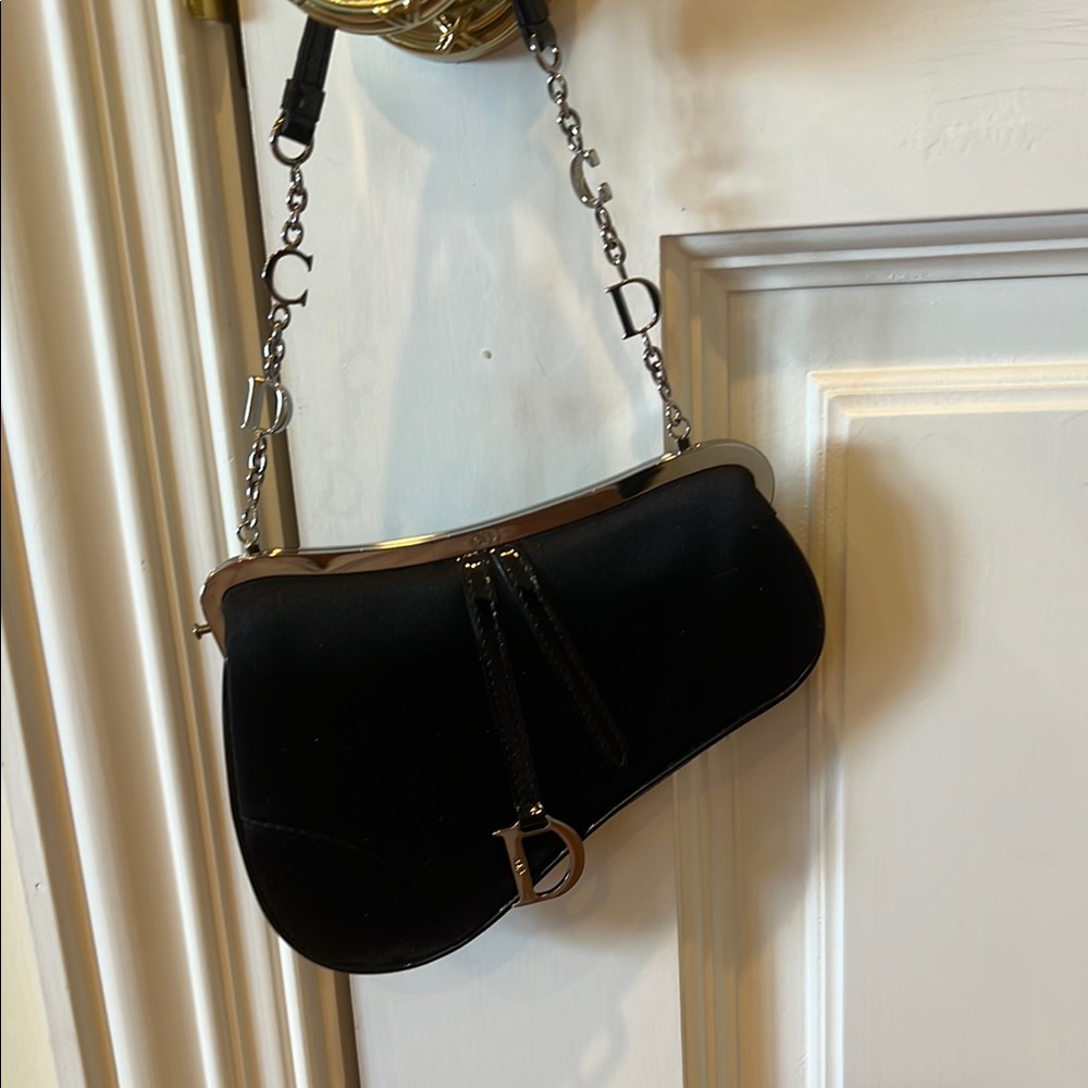 Dior Black Satin Bag with Silver Chain
